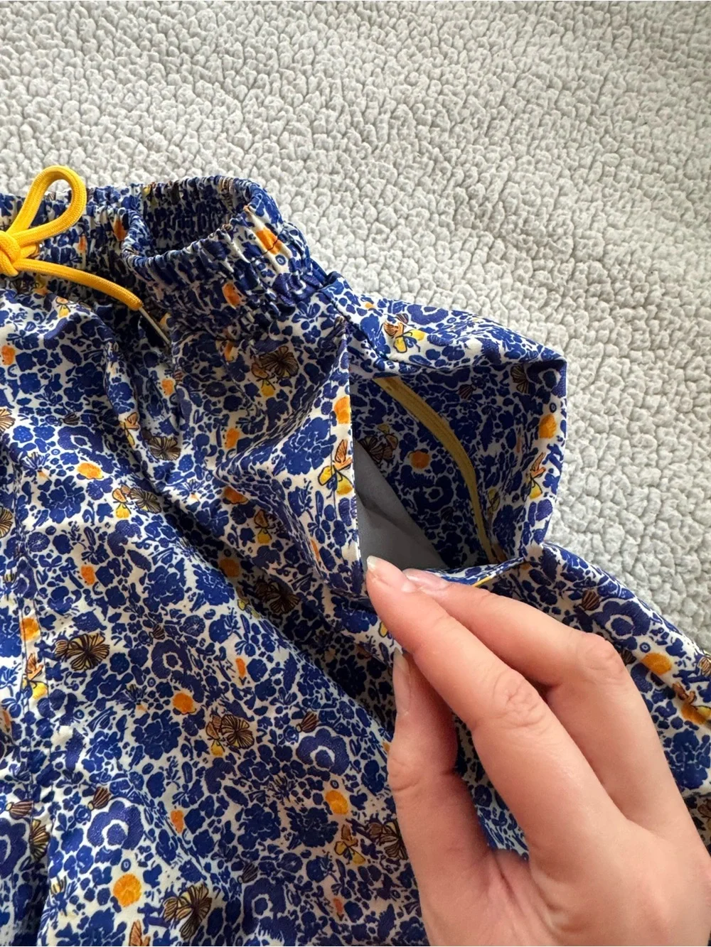 Strawberry Milk Mob Blue Swim Shorts with Yellow Drawstring